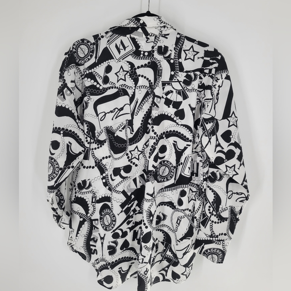 KARL LAGERFELD Black White Print Button Up Shirt Top Size S New - Picture 3 of 4